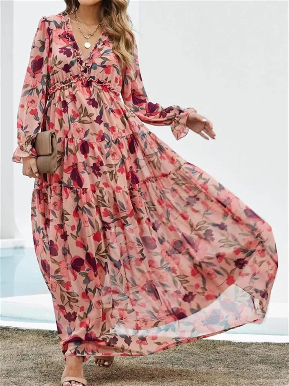 V Neck Ruffle Tiered Bohemian Floral Print Maxi Dress