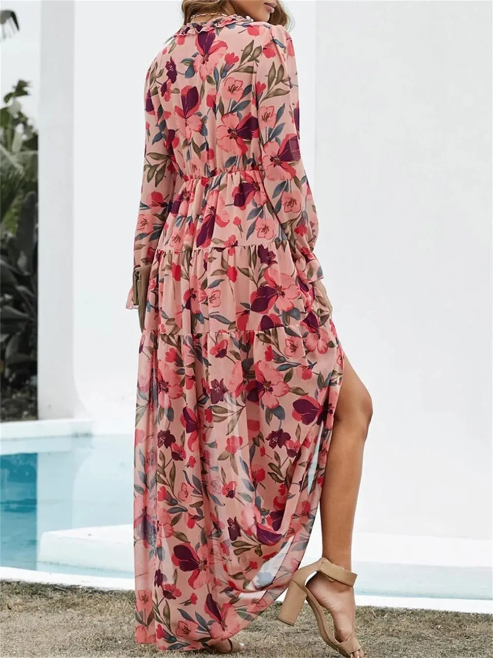 V Neck Ruffle Tiered Bohemian Floral Print Maxi Dress