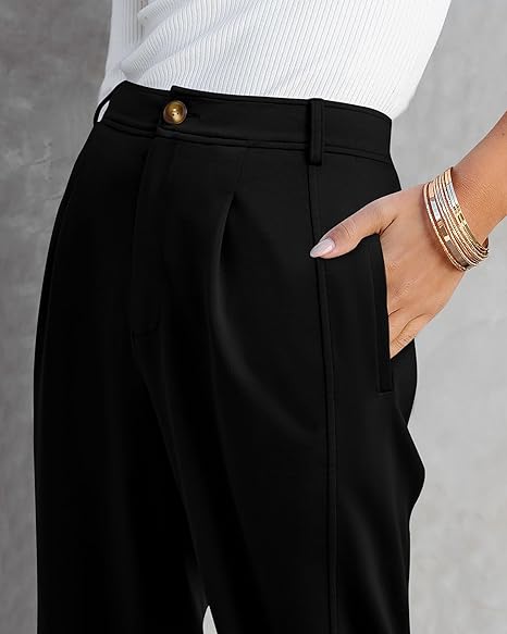 Women's Casual Button Down Pants Elastic High Waist Long Straight Slacks with Pockets