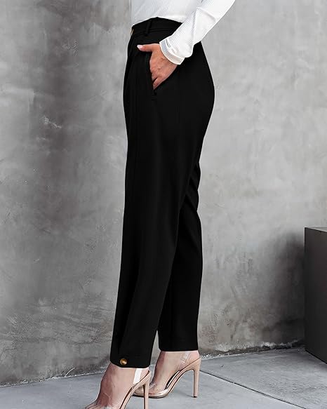 Women's Casual Button Down Pants Elastic High Waist Long Straight Slacks with Pockets