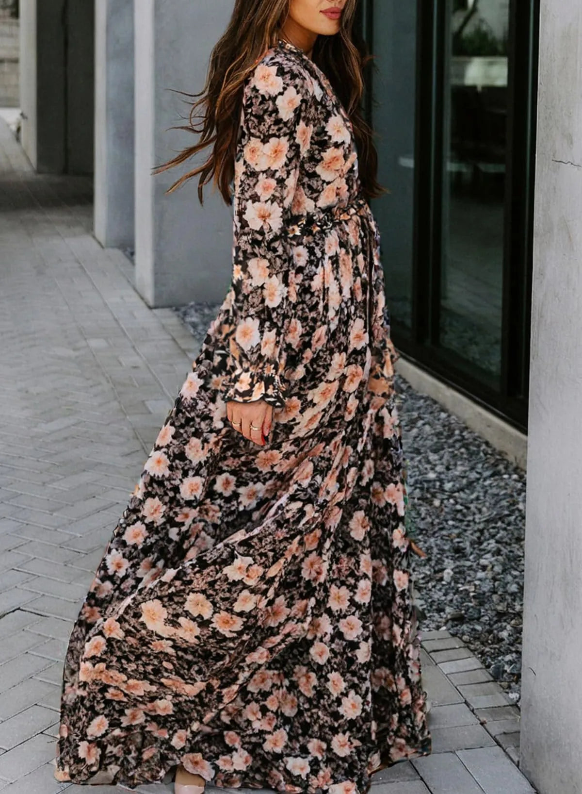 V Neck Ruffle Tiered Bohemian Floral Print Maxi Dress