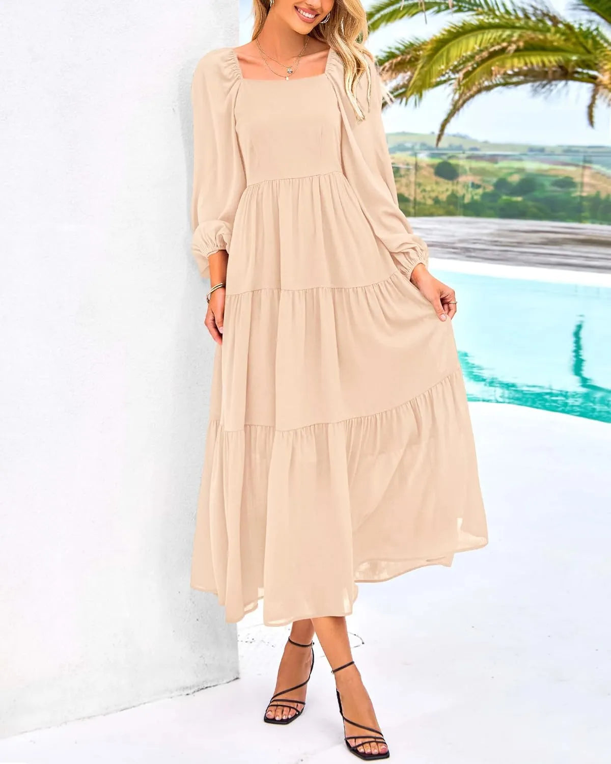 Women's Square Neck Smocked Tiered Flowy Maxi Dress