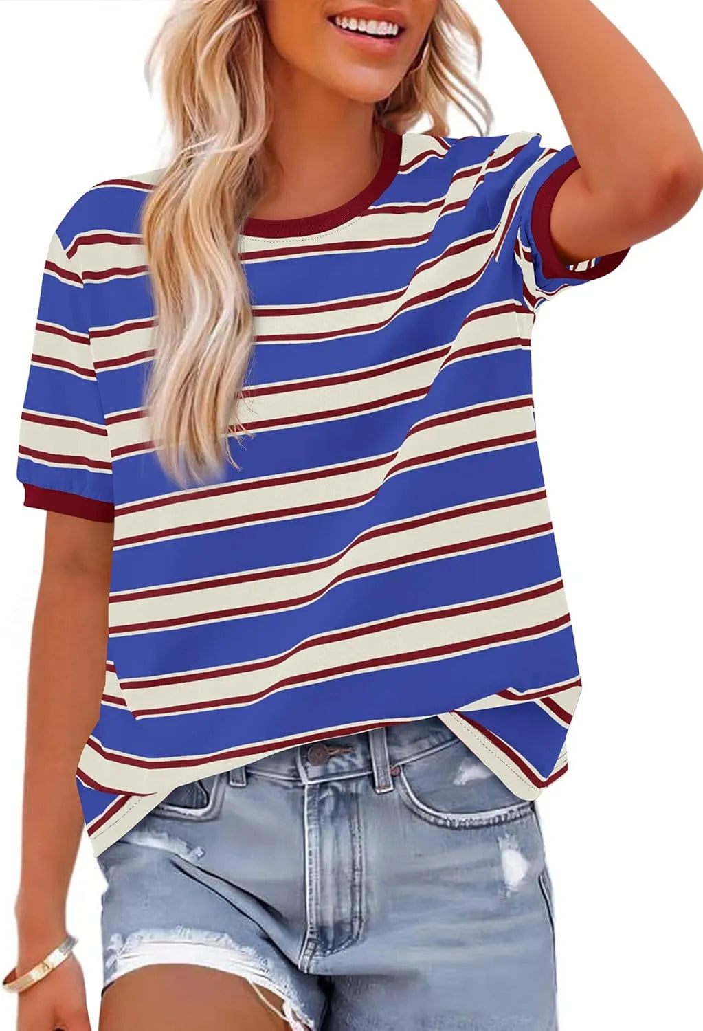 Color Block Crewneck Striped Short Sleeve T Shirts