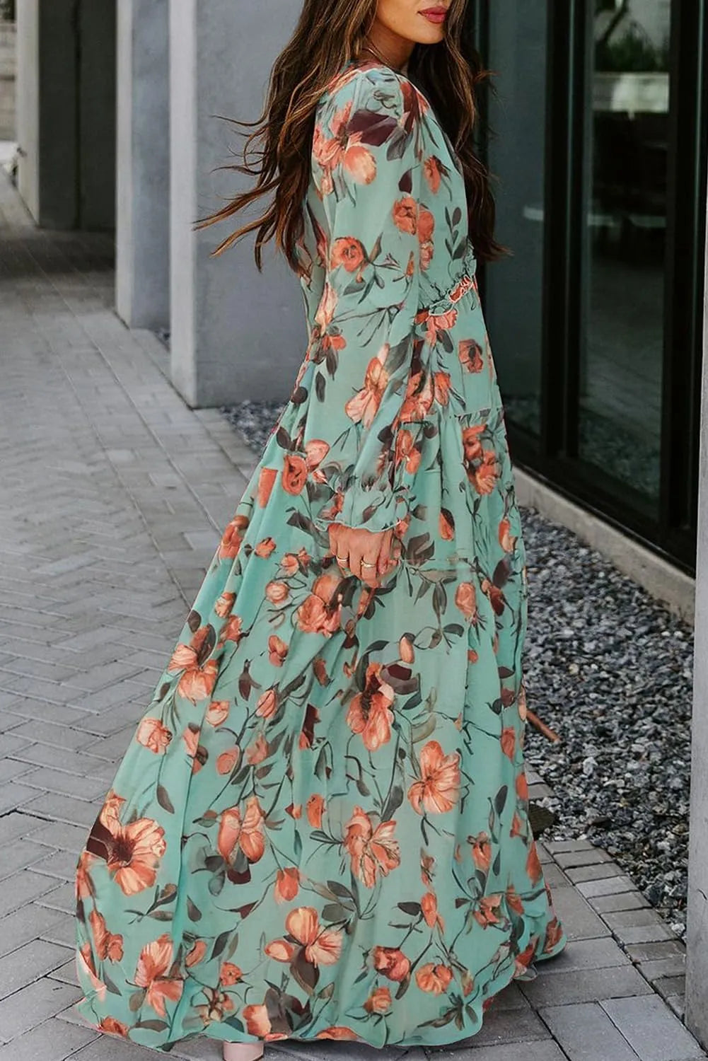 V Neck Ruffle Tiered Bohemian Floral Print Maxi Dress