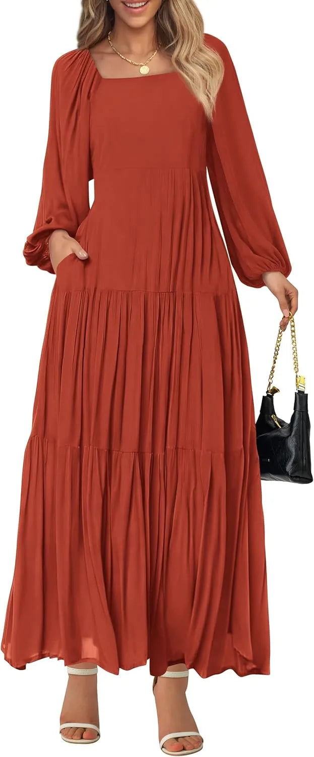 Women's Square Neck Smocked Tiered Flowy Maxi Dress