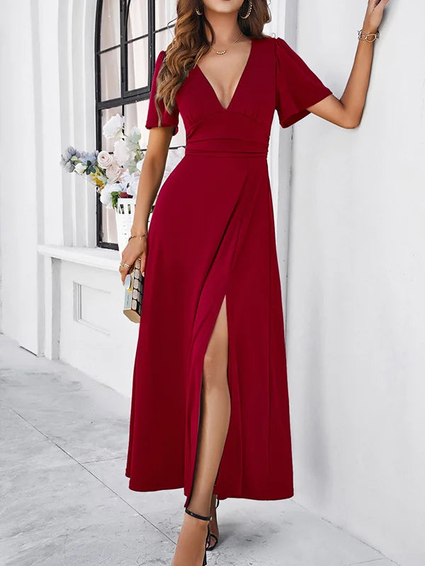 A-Line High Waisted Solid Color Split-Front V-Neck Maxi Dresses