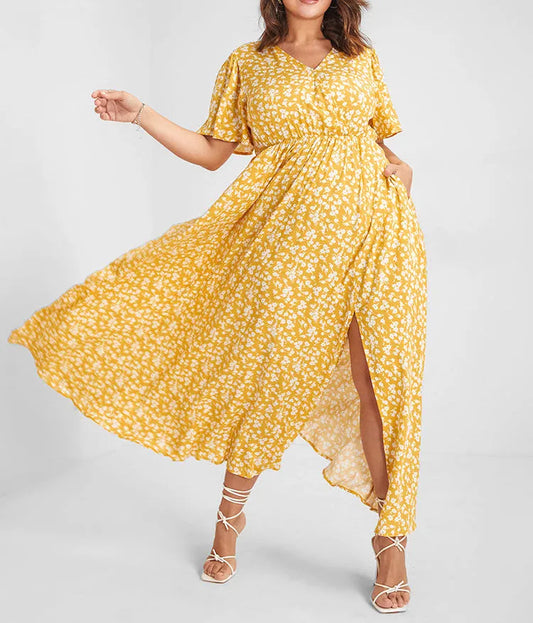 Flutter Sleeve Ditsy Floral Split Maxi Dress