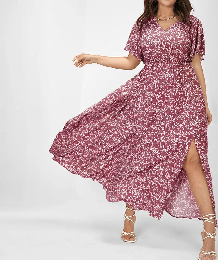 Flutter Sleeve Ditsy Floral Split Maxi Dress