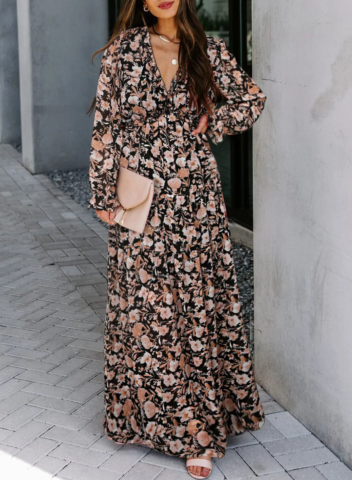 V Neck Ruffle Tiered Bohemian Floral Print Maxi Dress