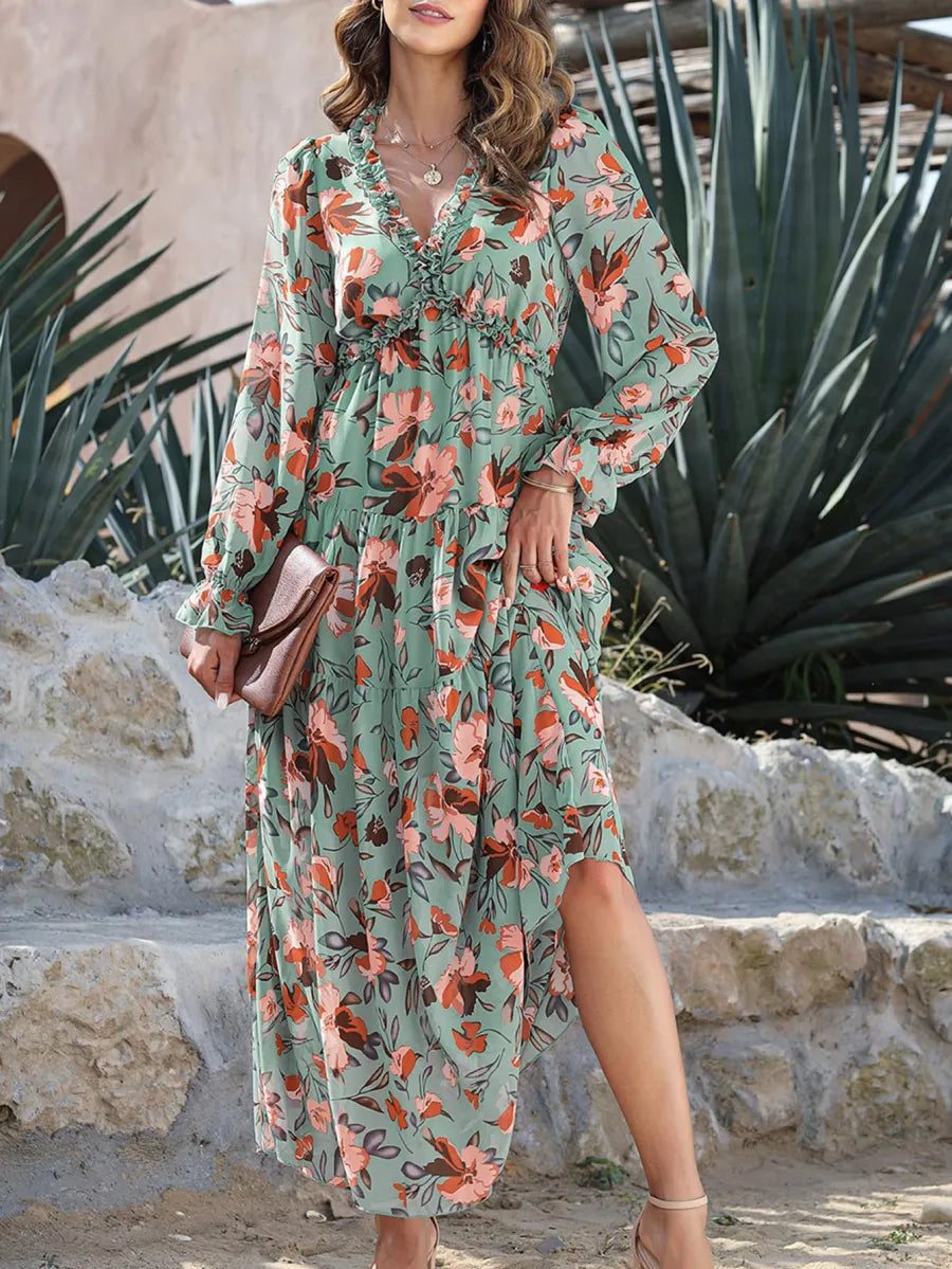 V Neck Ruffle Tiered Bohemian Floral Print Maxi Dress