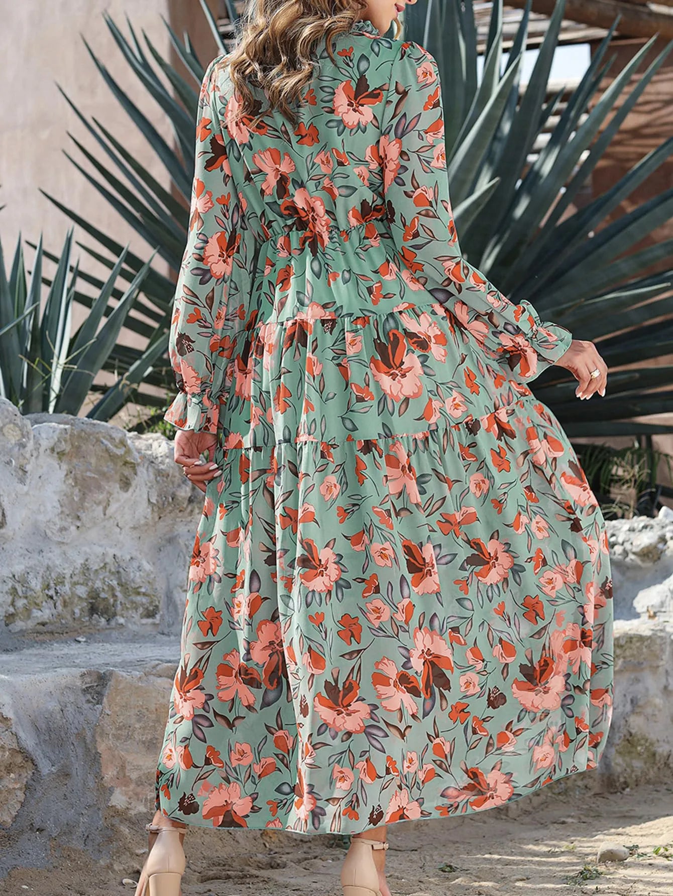 V Neck Ruffle Tiered Bohemian Floral Print Maxi Dress