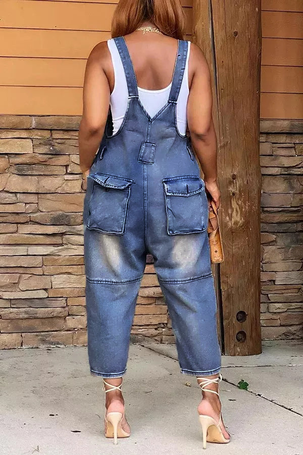 Casual Style Denim Suspender Jumpsuit