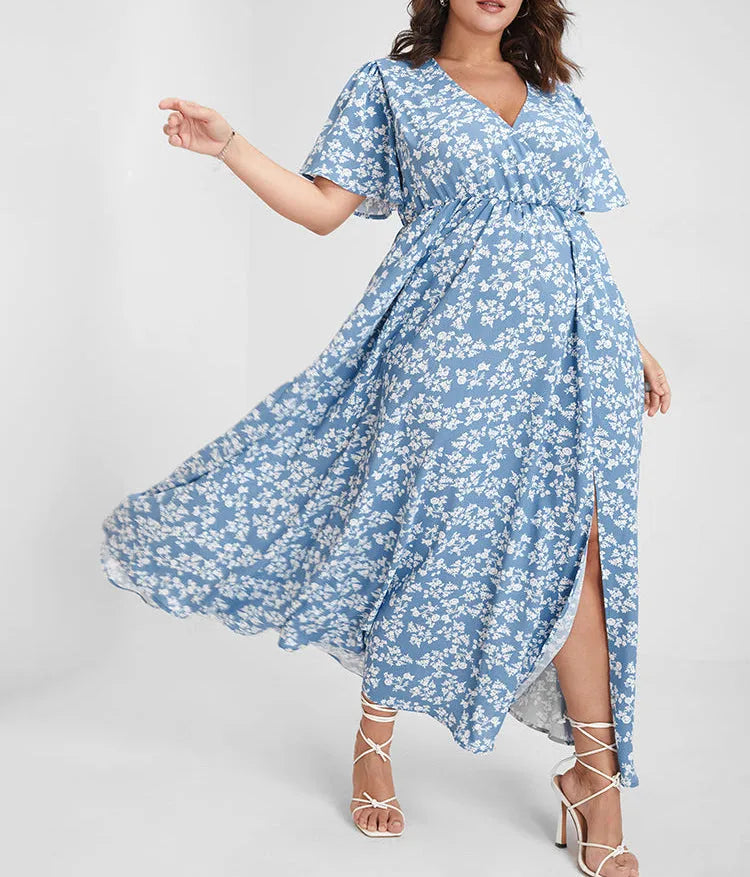 Flutter Sleeve Ditsy Floral Split Maxi Dress