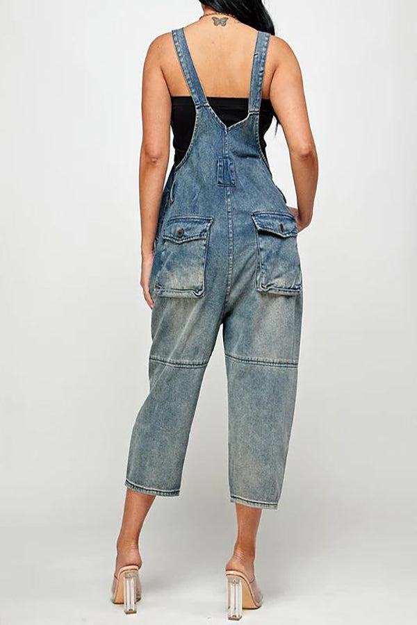 Casual Style Denim Suspender Jumpsuit