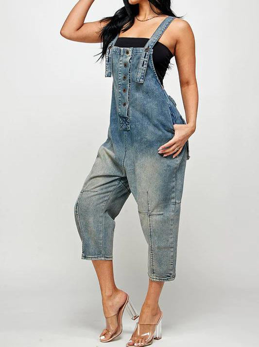 Casual Style Denim Suspender Jumpsuit