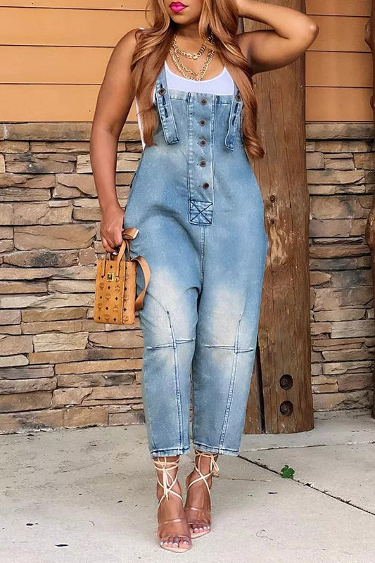 Casual Style Denim Suspender Jumpsuit