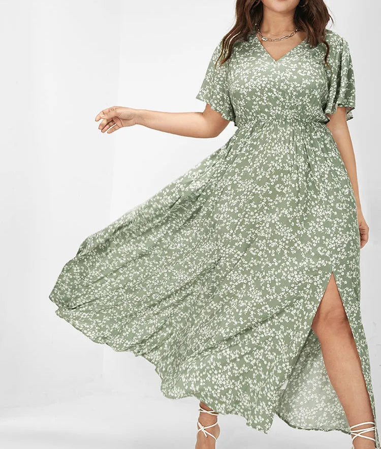 Flutter Sleeve Ditsy Floral Split Maxi Dress