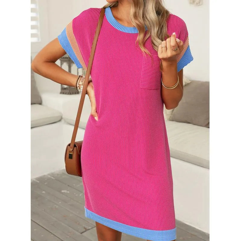 Women‘s Casual Summer Color Block Crewneck Short Sleeve T-shirts Dress