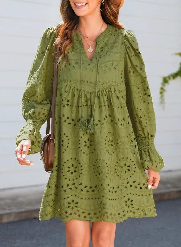 V Neck Long Sleeve Hollow Out Lace Ruffle Dresses