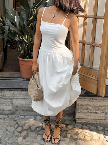 Strap Puffy Maxi White Dress