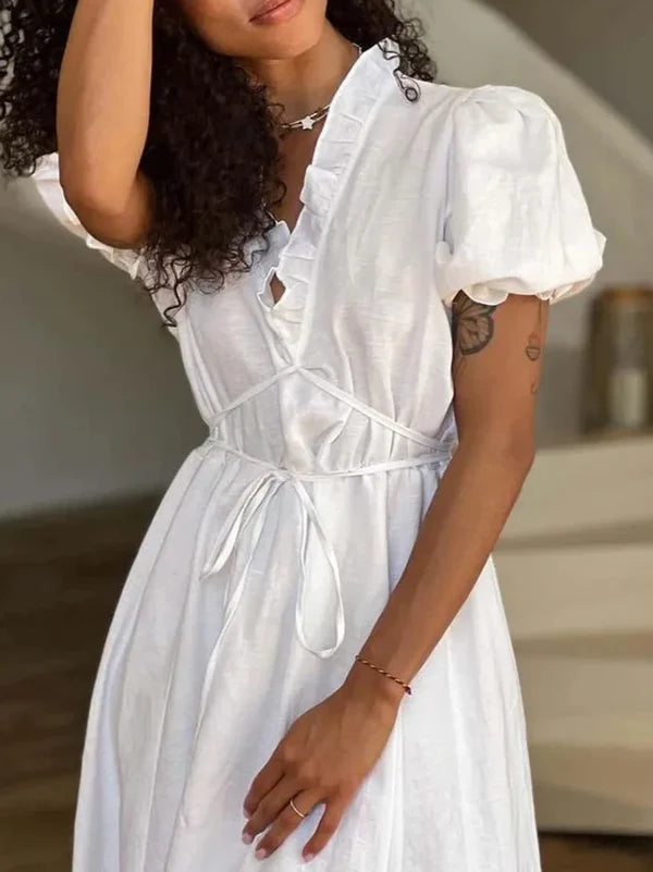 Long Dress With Puff Sleeve V-neck Belted Summer Dress