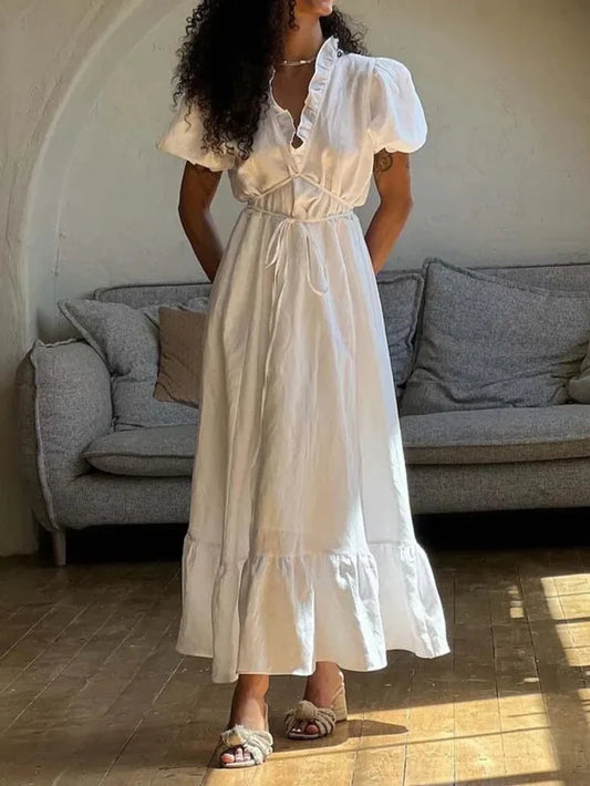 Long Dress With Puff Sleeve V-neck Belted Summer Dress