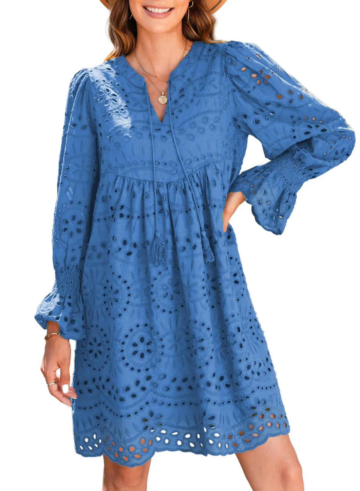 V Neck Long Sleeve Hollow Out Lace Ruffle Dresses