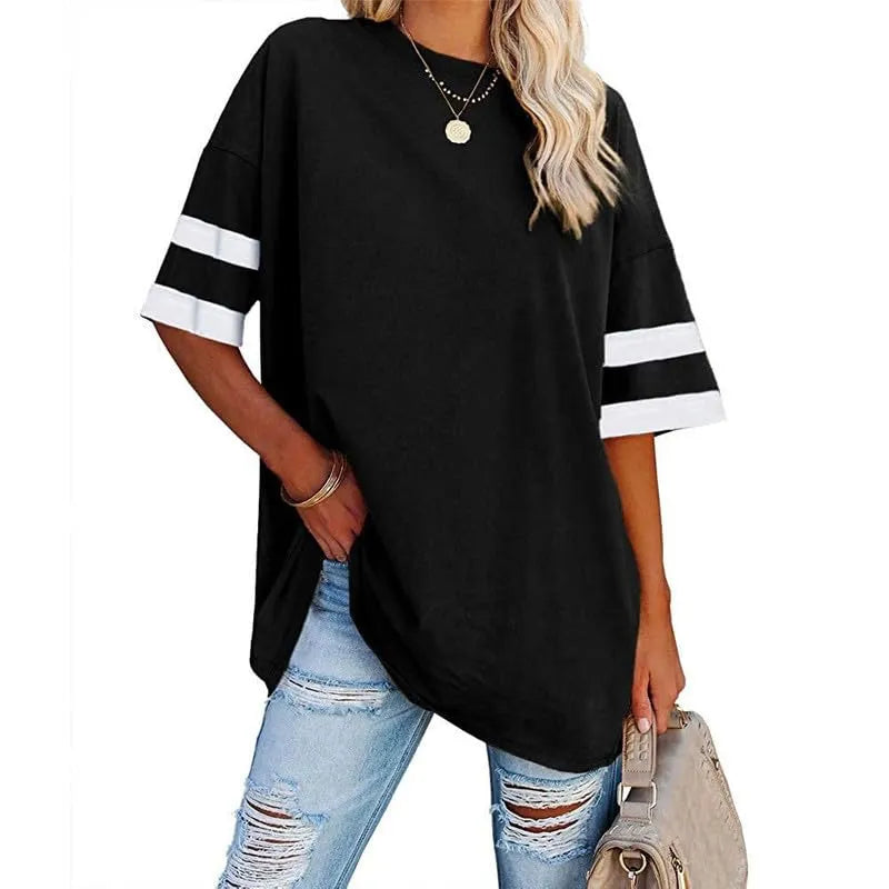 Women's Oversized Striped 1/2 Sleeve Tees Summer Tunic Tops