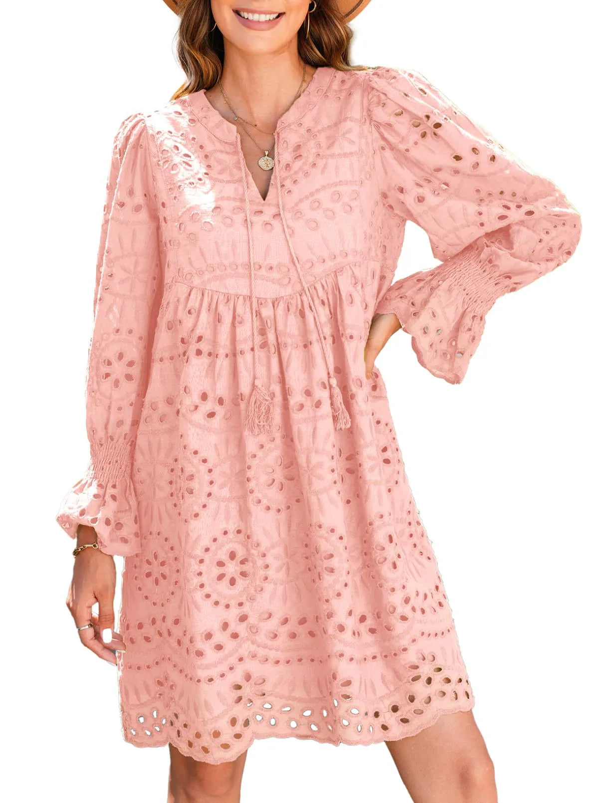 V Neck Long Sleeve Hollow Out Lace Ruffle Dresses