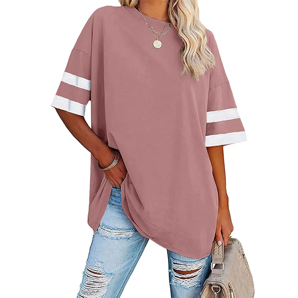 Women's Oversized Striped 1/2 Sleeve Tees Summer Tunic Tops