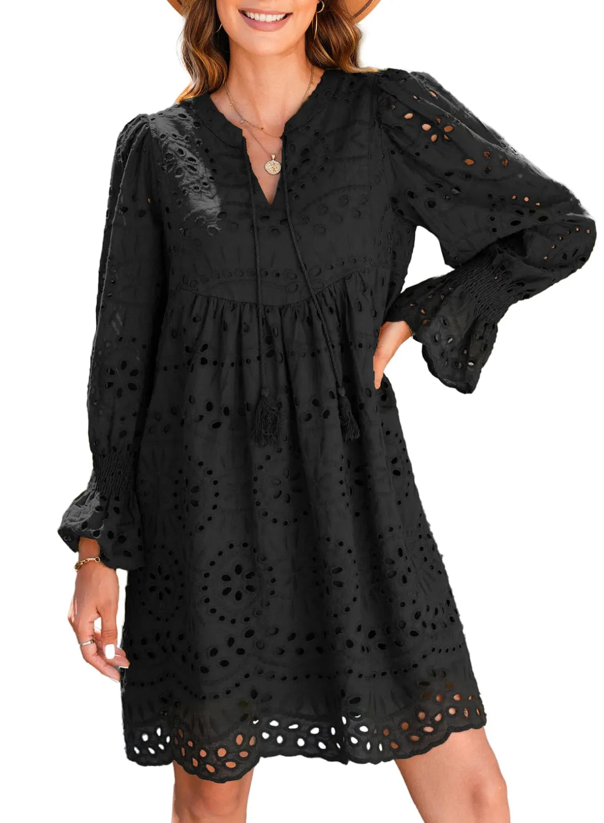 V Neck Long Sleeve Hollow Out Lace Ruffle Dresses