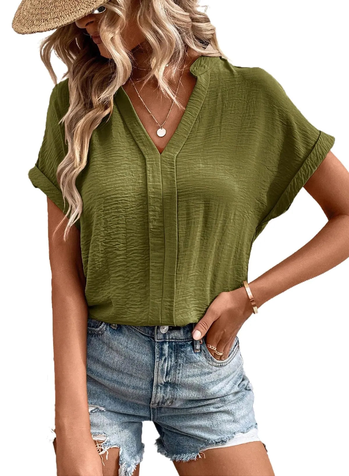 Women's Tops Notched Neck Batwing Sleeve Blouses