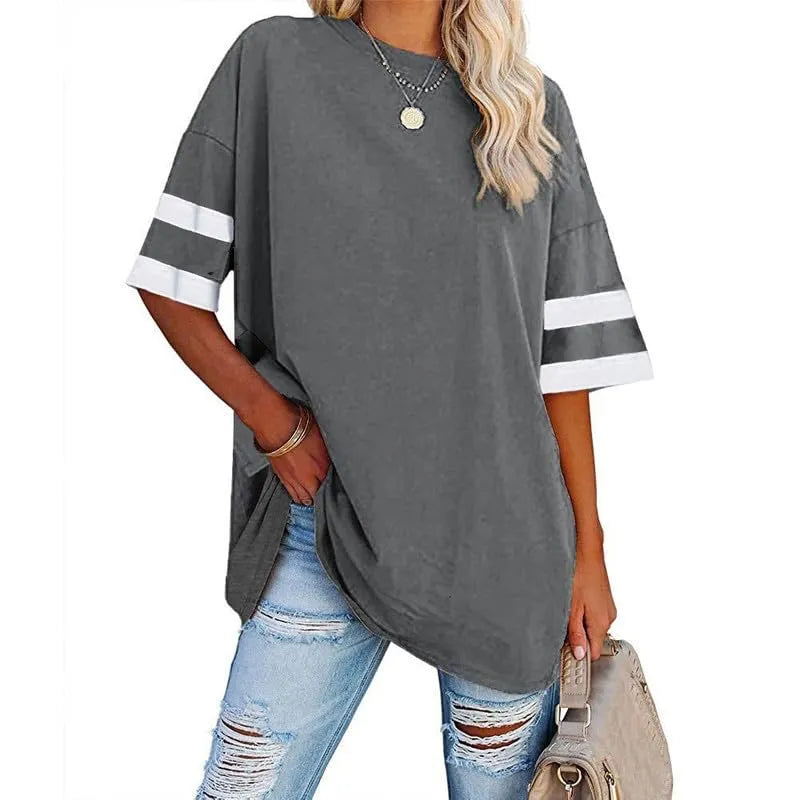 Women's Oversized Striped 1/2 Sleeve Tees Summer Tunic Tops