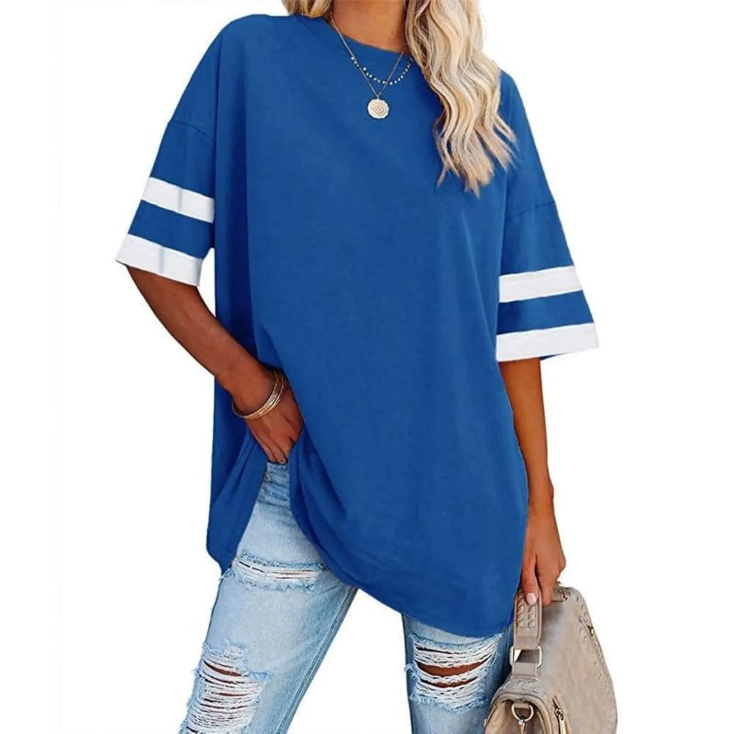 Women's Oversized Striped 1/2 Sleeve Tees Summer Tunic Tops