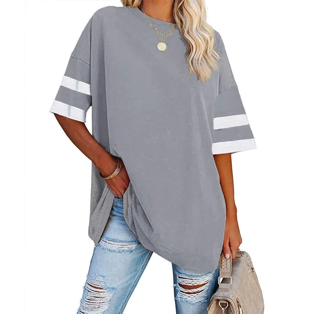 Women's Oversized Striped 1/2 Sleeve Tees Summer Tunic Tops