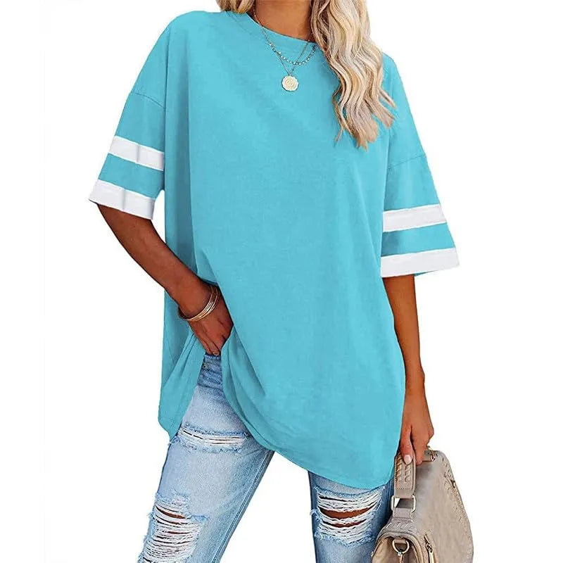 Women's Oversized Striped 1/2 Sleeve Tees Summer Tunic Tops