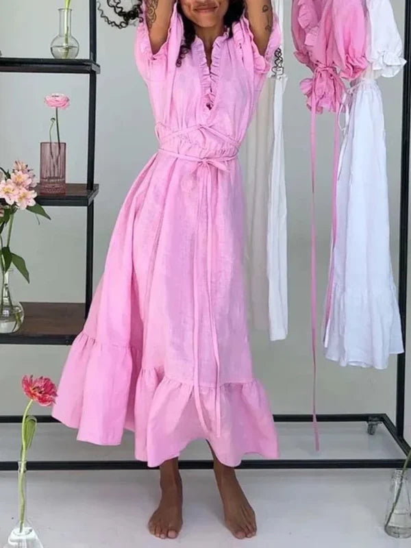 Long Dress With Puff Sleeve V-neck Belted Summer Dress