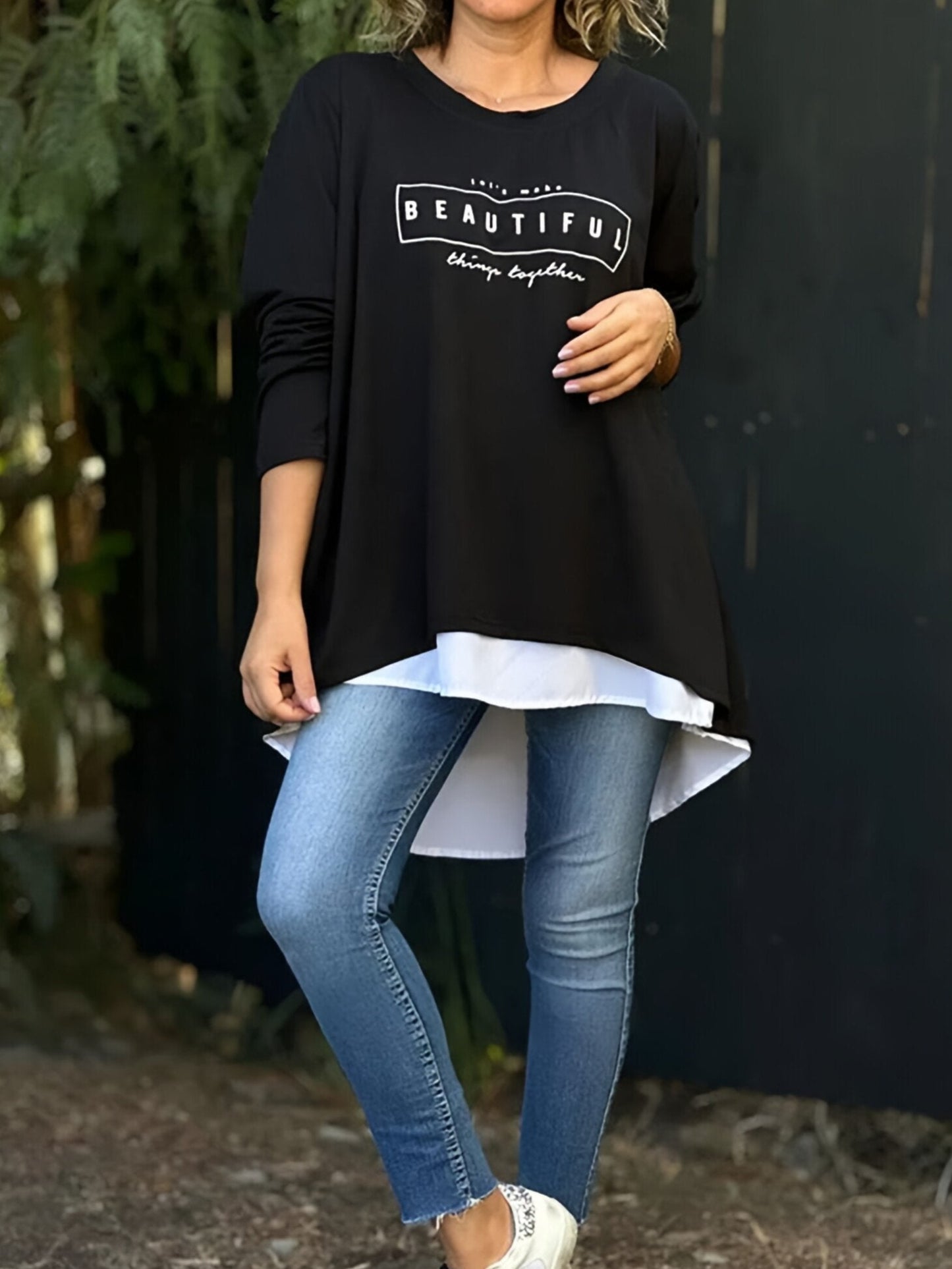 Letter Print Fake Two Piece Long Sleeve T-shirt