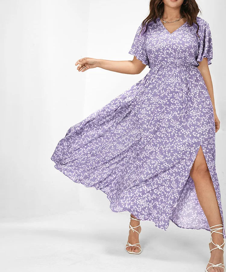 Flutter Sleeve Ditsy Floral Split Maxi Dress