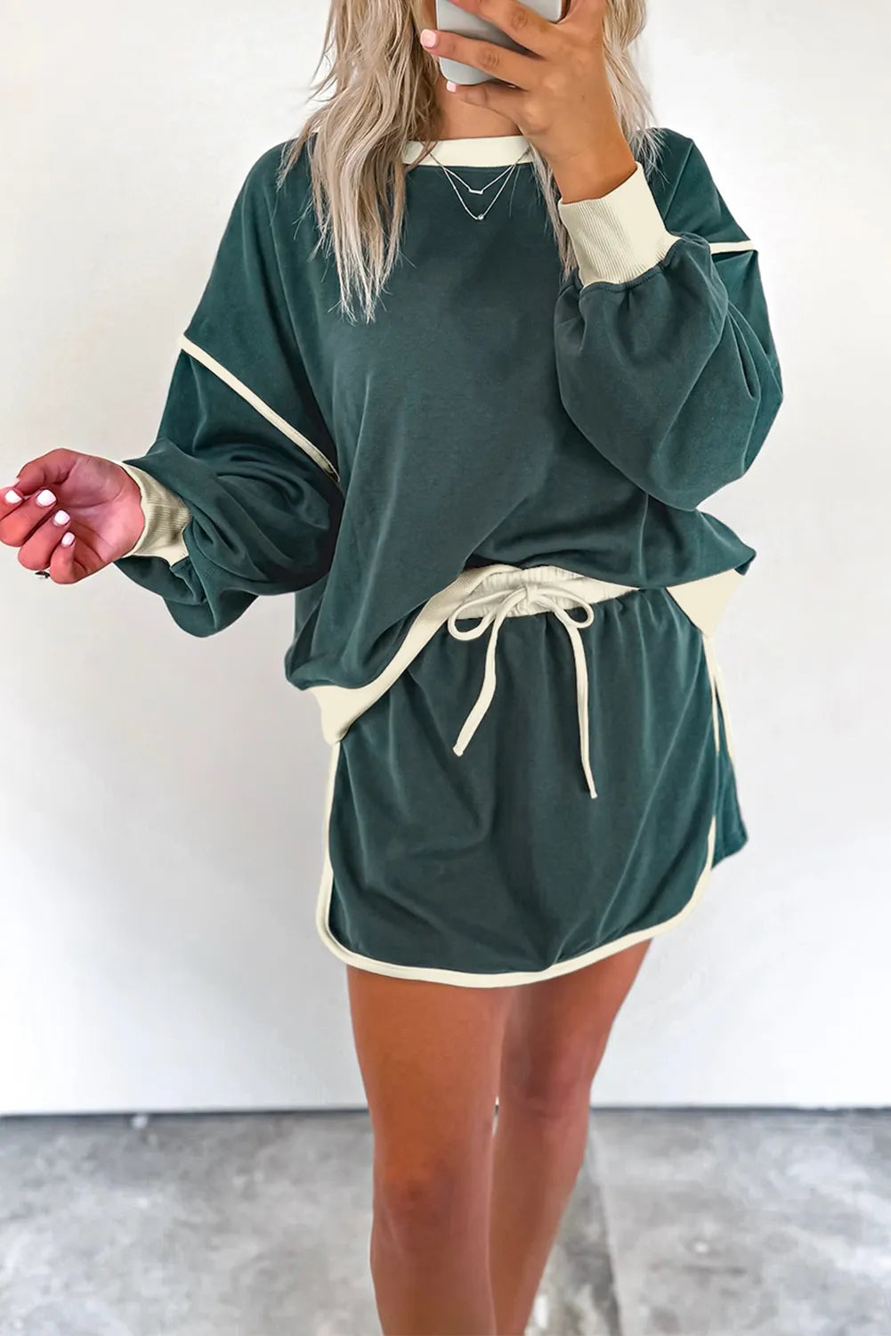 Women's Loose Pullover and Lace-up Waist Skort Set