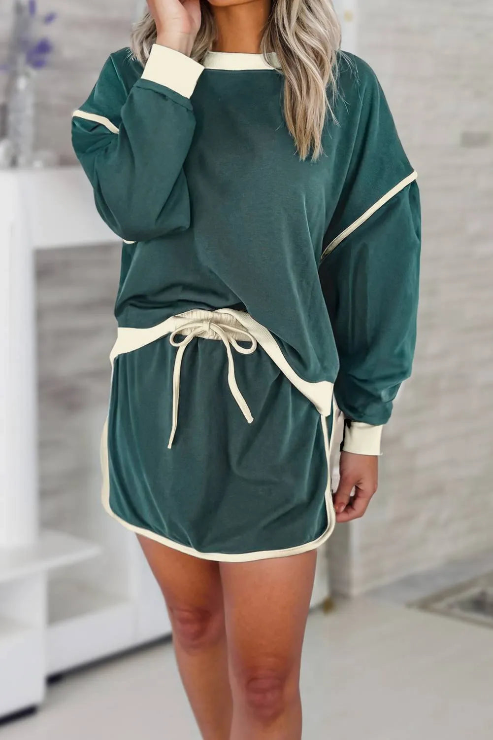 Women's Loose Pullover and Lace-up Waist Skort Set