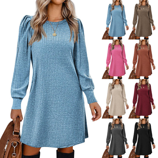 Women Puff Long Sleeve Dress Casual Knit Knee Length Dresses