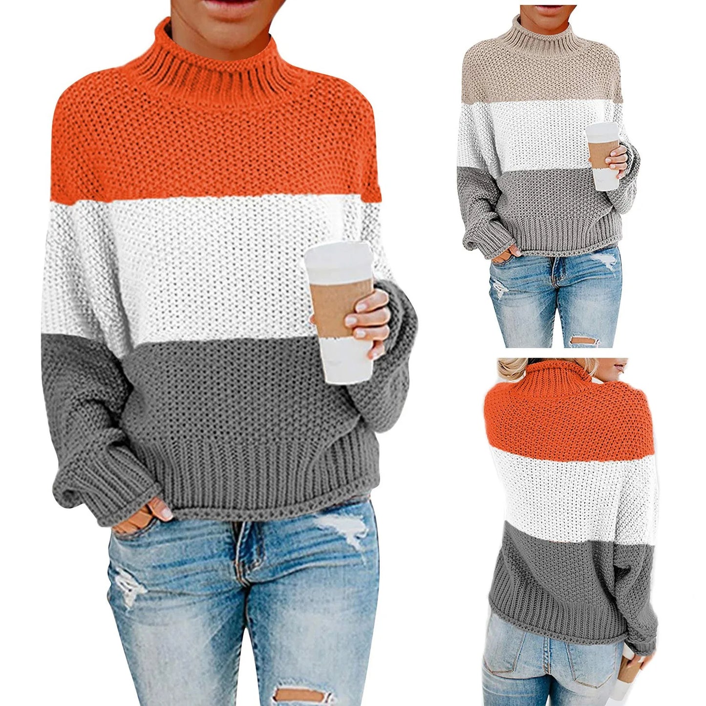 Women's Splicing Sweater Casual Knitting Loose Long Sleeve Pullover