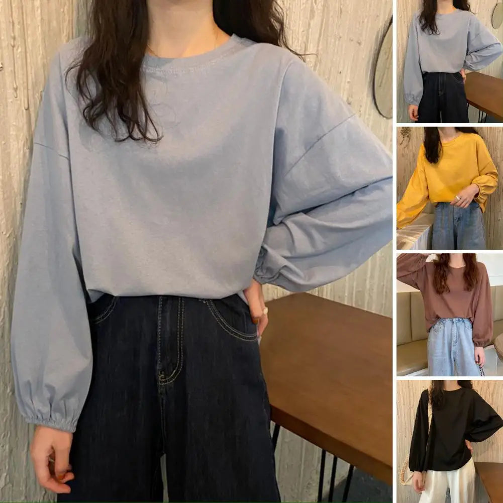 Round Neck Lantern Long Sleeve Elastic Cuffs Tee Shirt