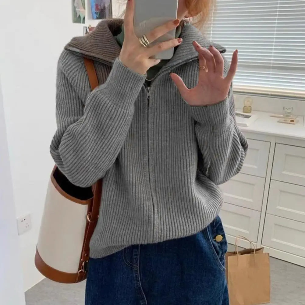 Women Sweater Coat Solid Color Lapel Long Sleeve Double Zipper Fly Design Knitting Coat