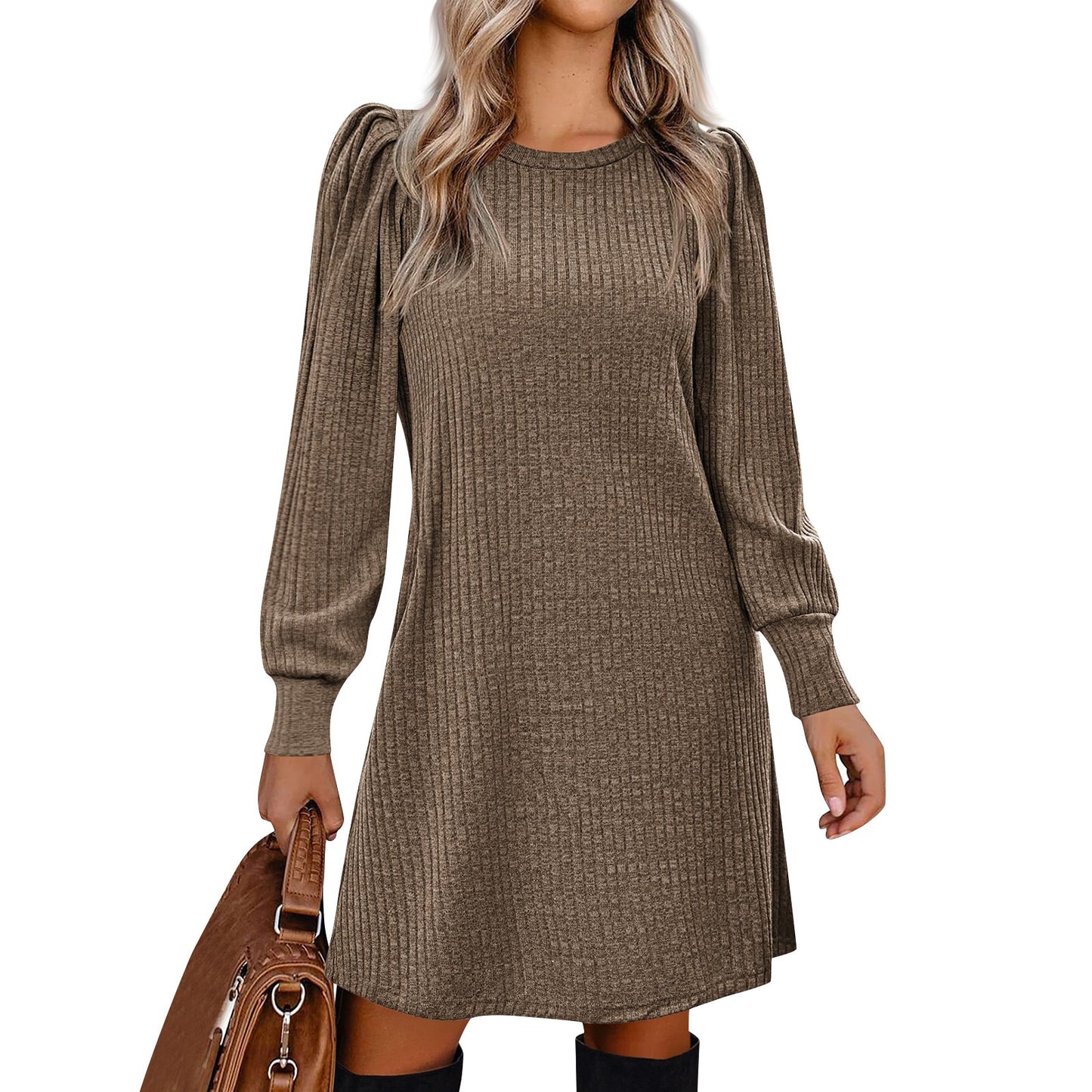 Women Puff Long Sleeve Dress Casual Knit Knee Length Dresses