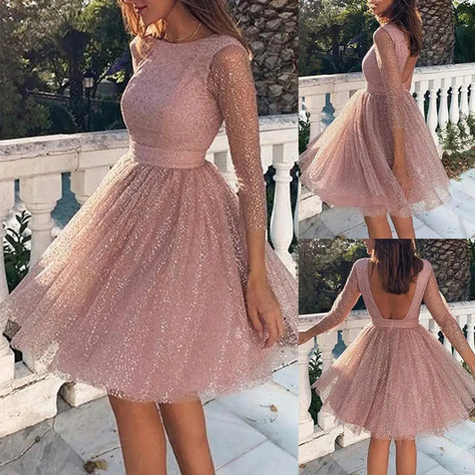 Women See-through Sequins Dress Gown Long Sleeve O-neck Backless Mini Dresses