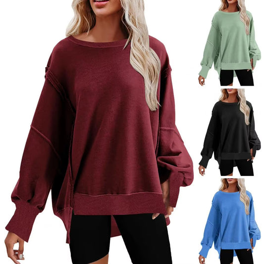 Loose Sweatshirt Autumn Winter Solid Color Crew Neck Non-Fading Casual Pullover