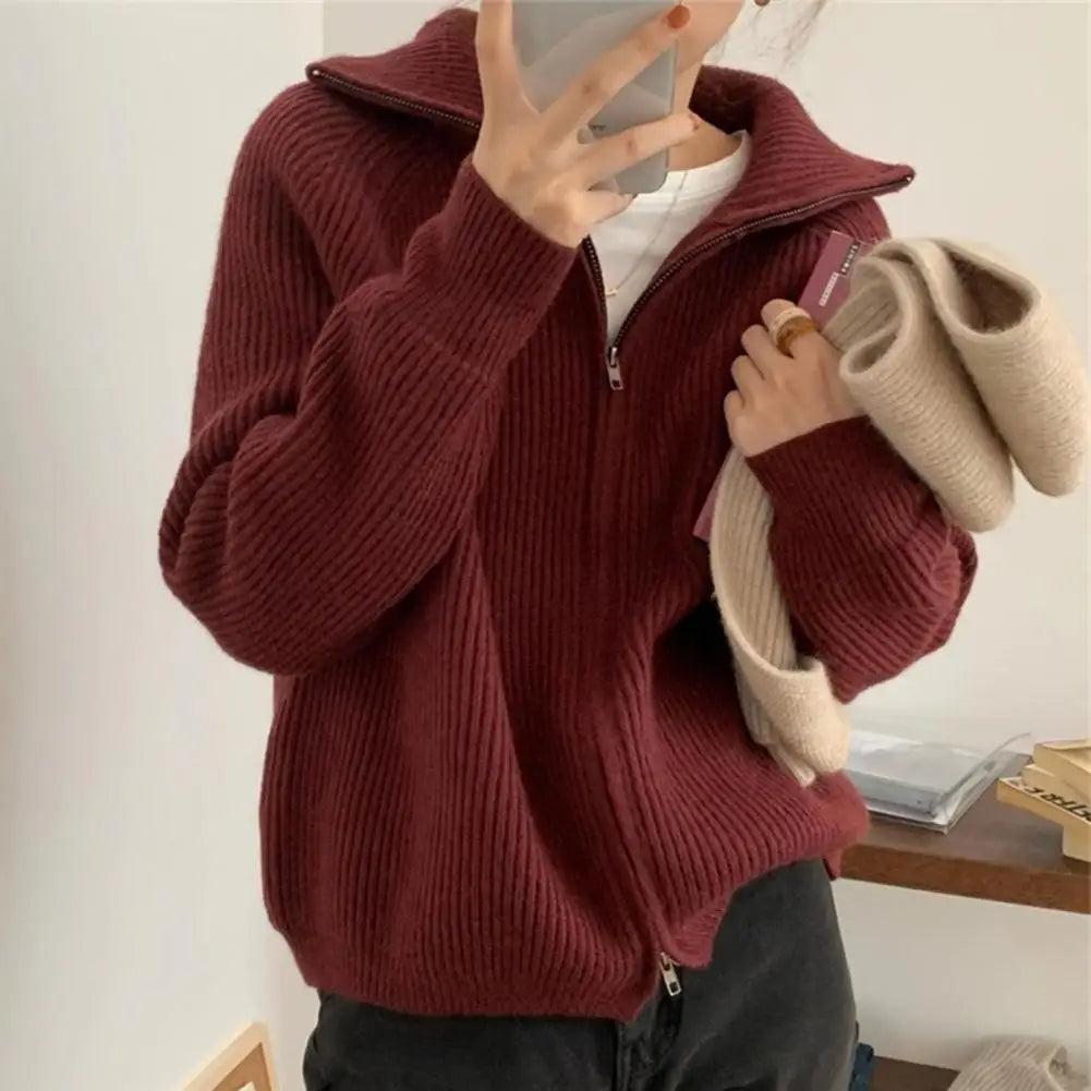 Women Sweater Coat Solid Color Lapel Long Sleeve Double Zipper Fly Design Knitting Coat