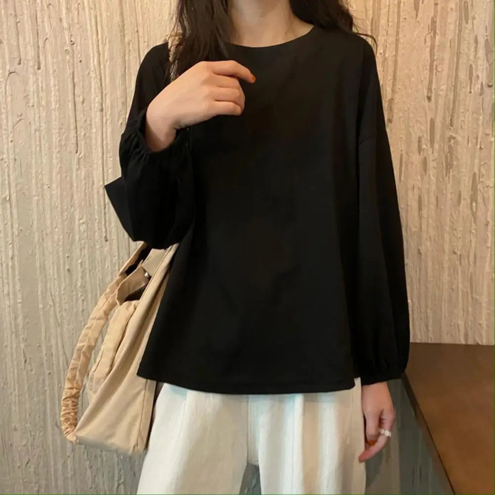 Round Neck Lantern Long Sleeve Elastic Cuffs Tee Shirt